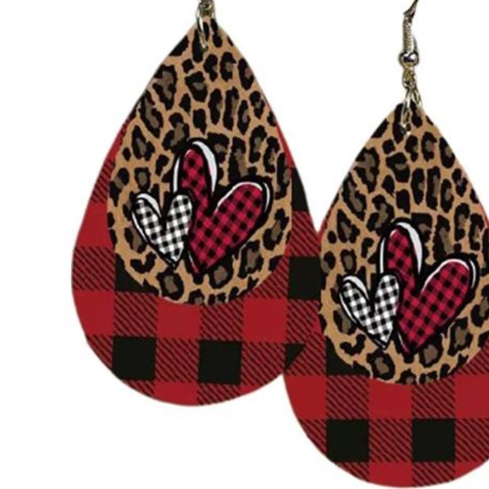 Heart Earrings Red Buffalo Plaid Leopard Dangle Drop Dangling Valentines Jewelry - Picture 2 of 3